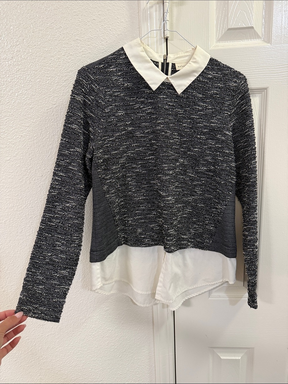 Maison Jules Black-and-White Tweed-Look Pullover with White Collar